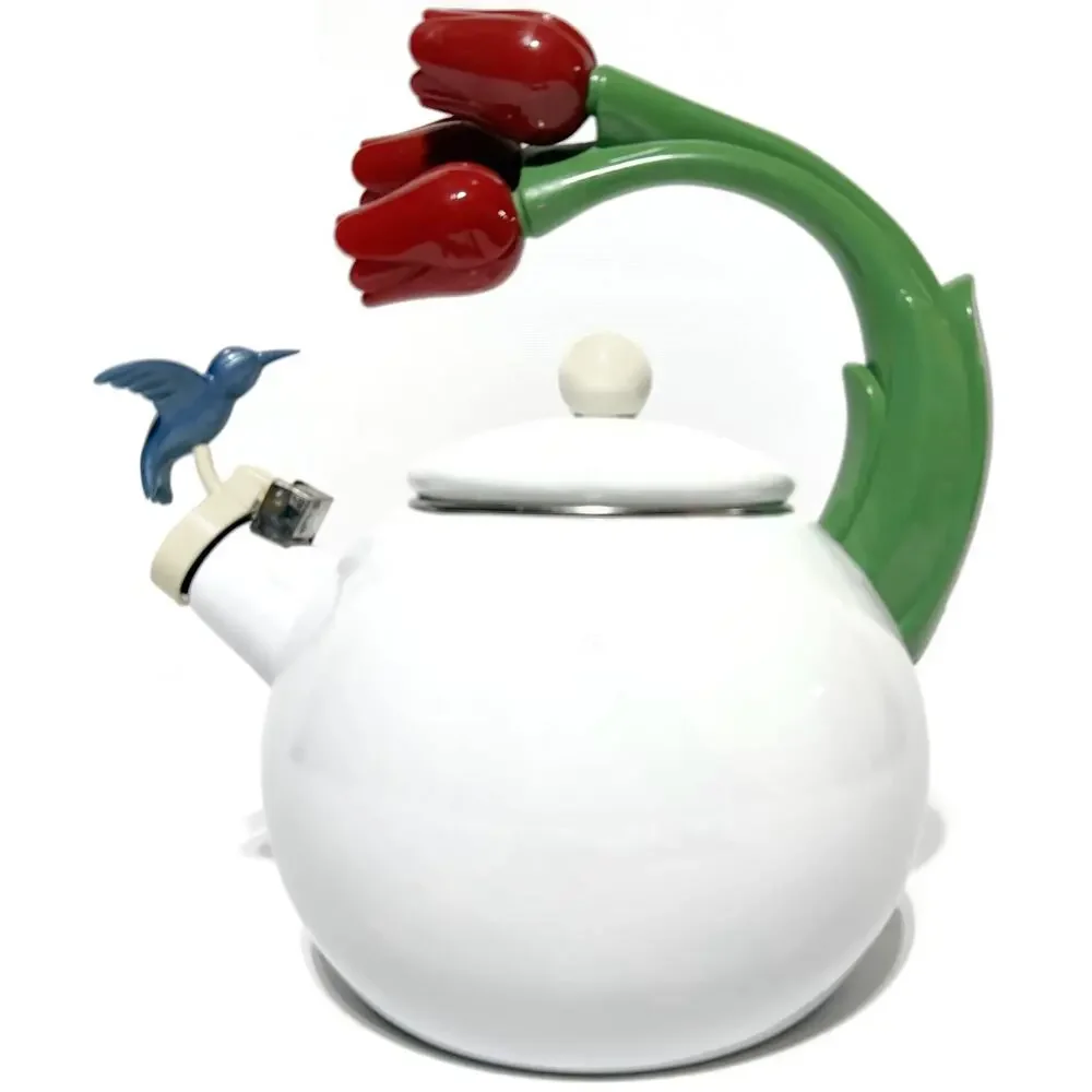 Ancona White Enamel Whistling Tea Kettle Hummingbird Red Tulips Vintage 1990s